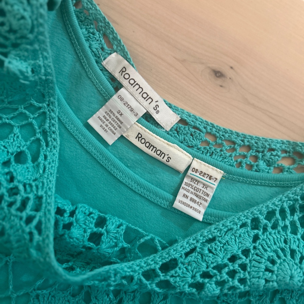 Roaman's 3X Relaxed Pullover Crochet Top And Tank Minty Teal Medallion Cotton - Picture 10 of 10
